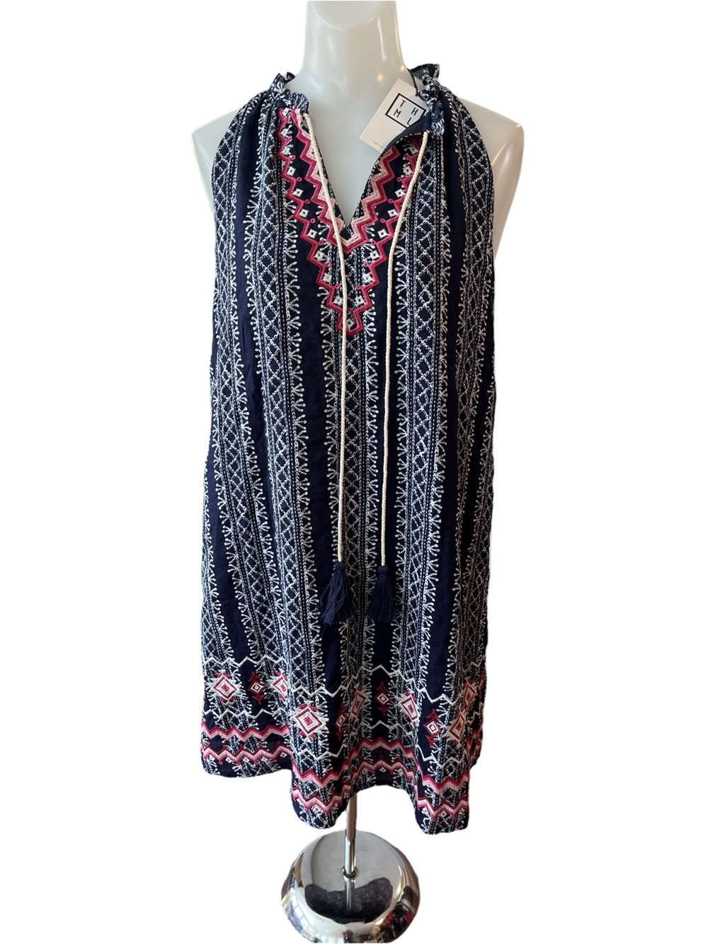 THML Navy Sleeveless Mini Dress with Pink Embroidery Accents size S
